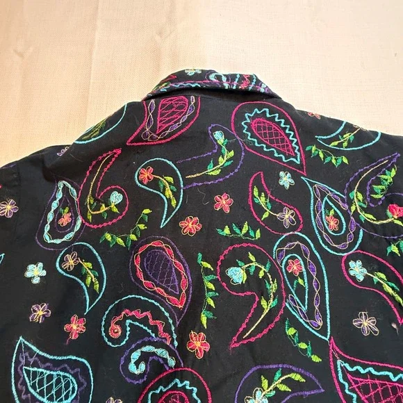 Vintage Units Linen Blend Embroidered Paisley Jacket Medium Black Boho Shirt - Picture 10 of 11